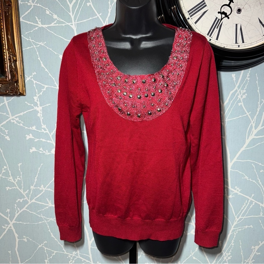 Calvin Klein Red Embellished Scoop Neck Wool Blend Sweater Women’s Medium